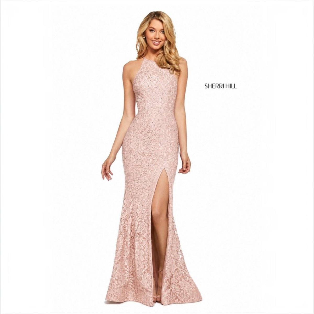 sherri hill lace halter dress 53361 Blush Gown High Slit Rhinestone Si – Shoptiques sherri hill hoco dresses