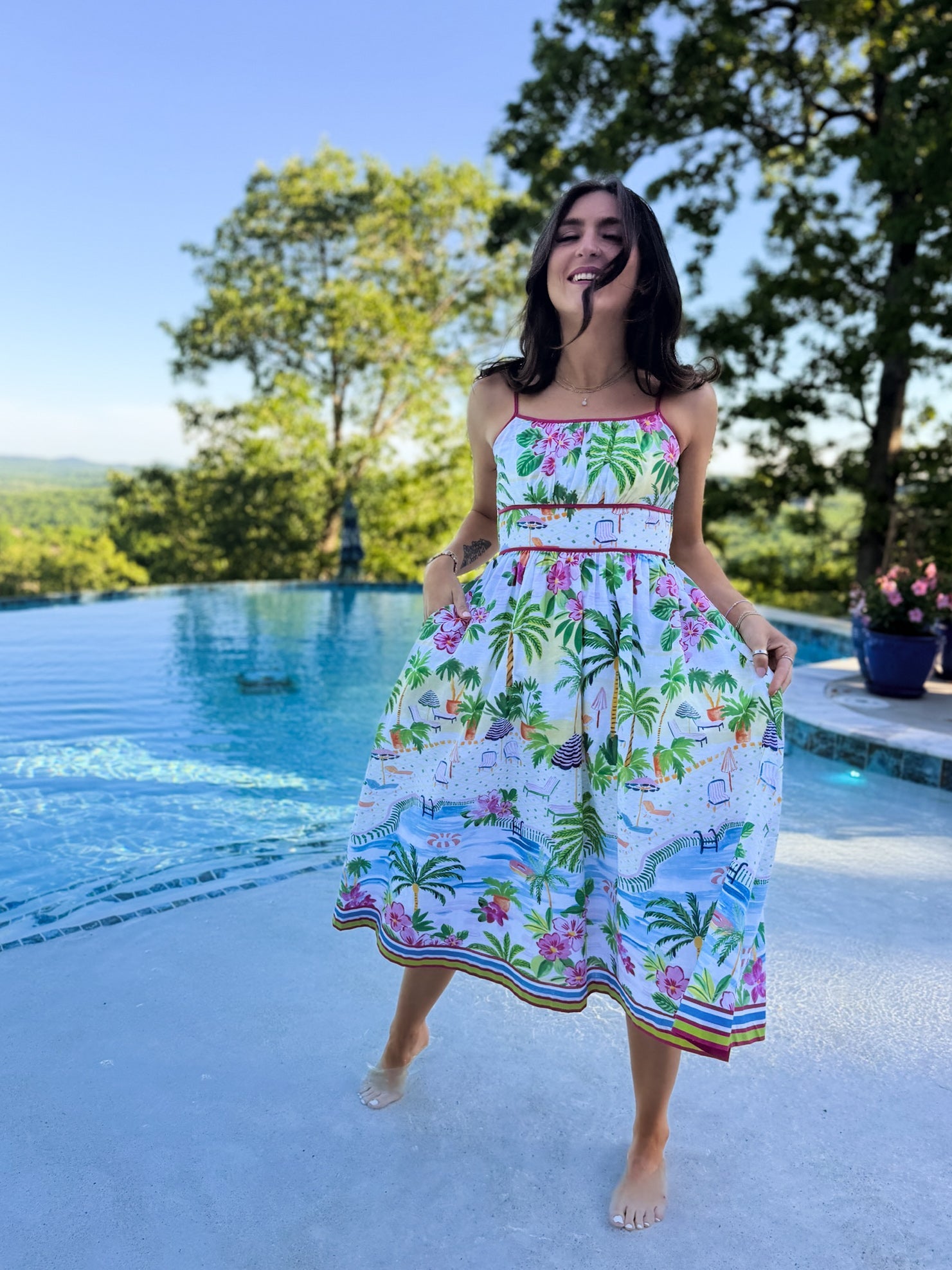 Paradisa Catalina Pink Muti Cotton Linen Poolside Print Midi Dress