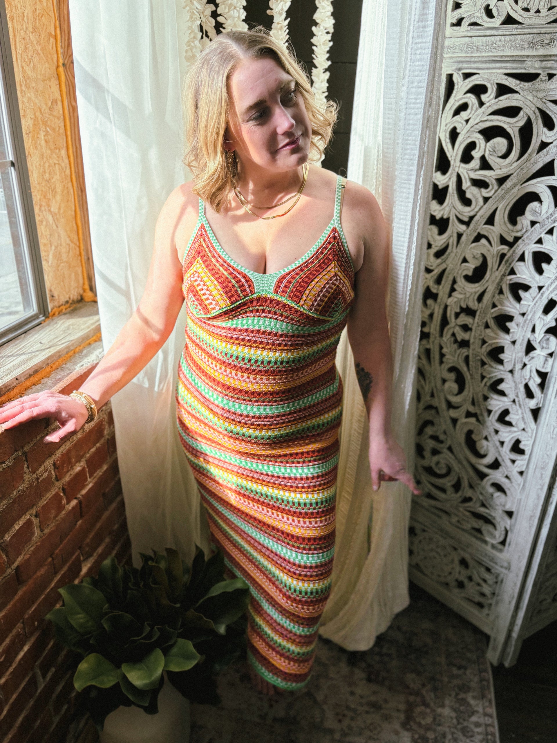 Sandy Striped Knit V-neck Halter Crochet Midi Dress Large
