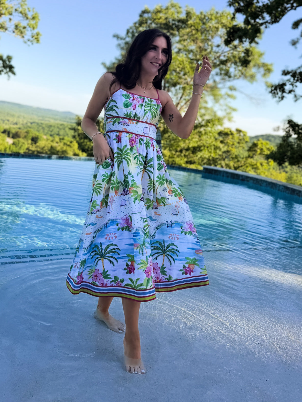 Paradisa Catalina Pink Muti Cotton Linen Poolside Print Midi Dress