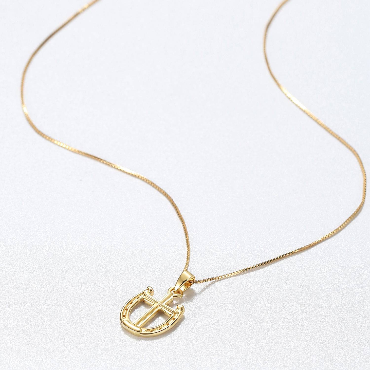 FINE Rider's Prayer Solid Gold Mini Horseshoe with Cross Necklace 14K