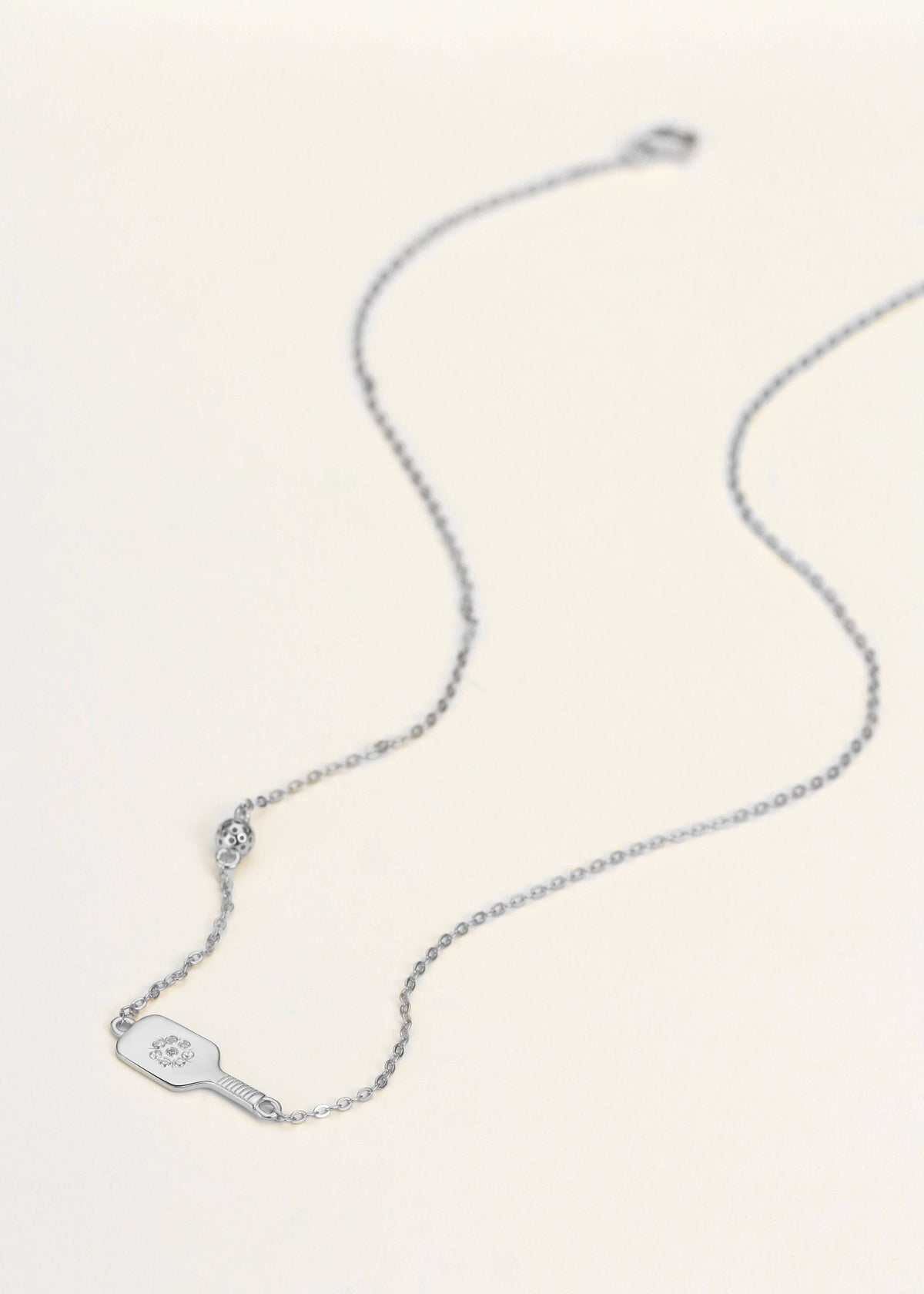 Pickleball Dainty Dinker Crystal Flower Paddle and Ball Silver Necklace