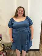 Plus Size Square Neck Wrap Bubble Sleeve Dress
