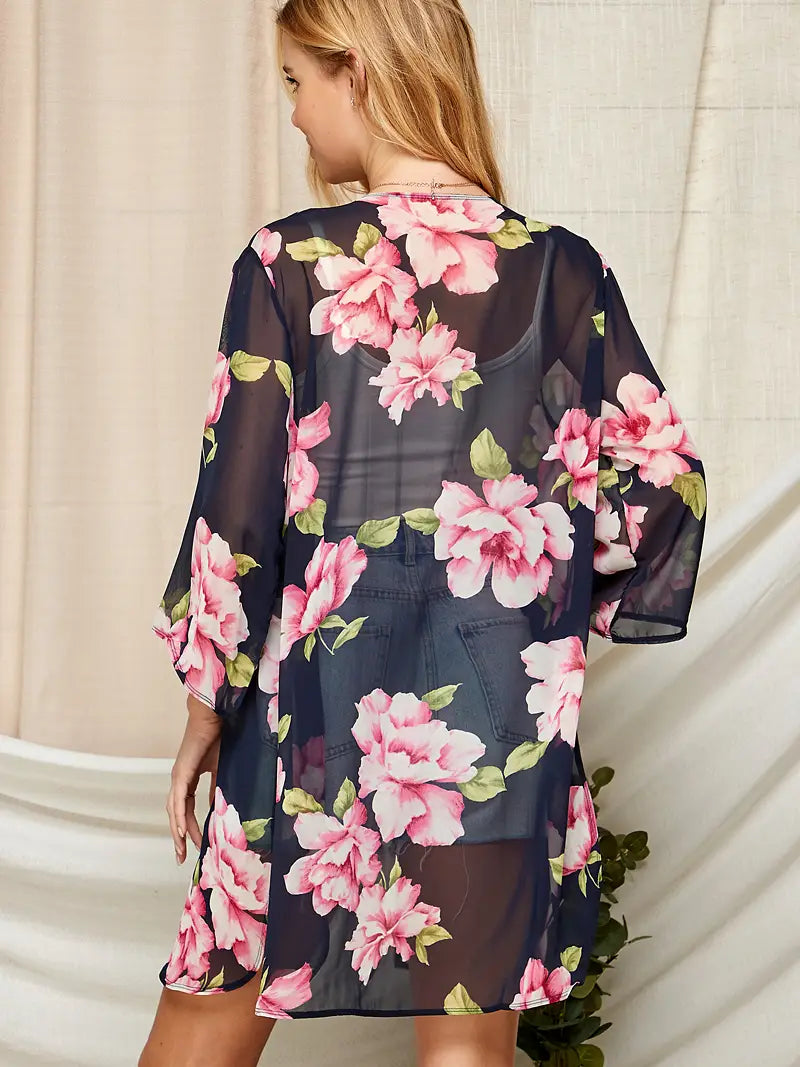 Women Multi Color Floral Open Kimono