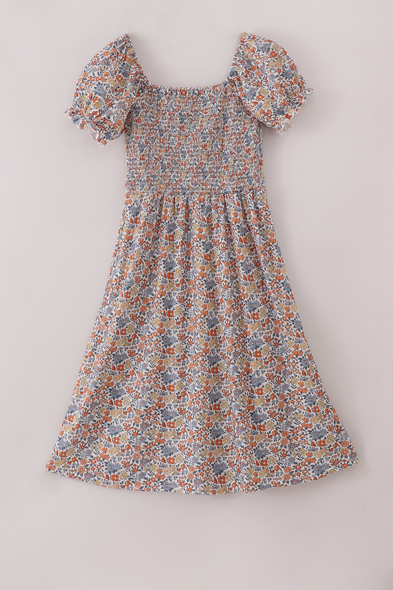 Fall floral print smocked mom dress 2XL