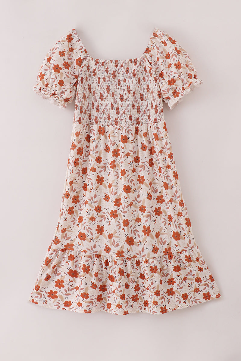 Fall floral print smocked mom dress XL
