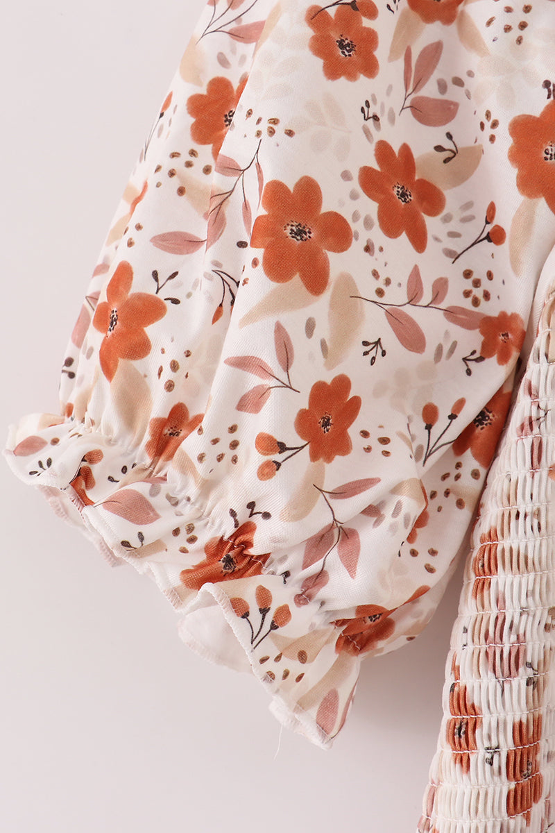 Fall Floral Print Smocked Mom Dress XL