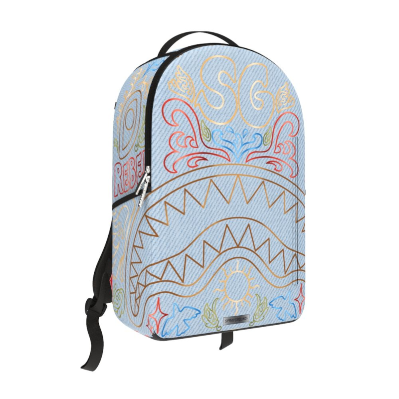 SPRAYGROUND Shark Backpack: Metallic Printed Denim Design