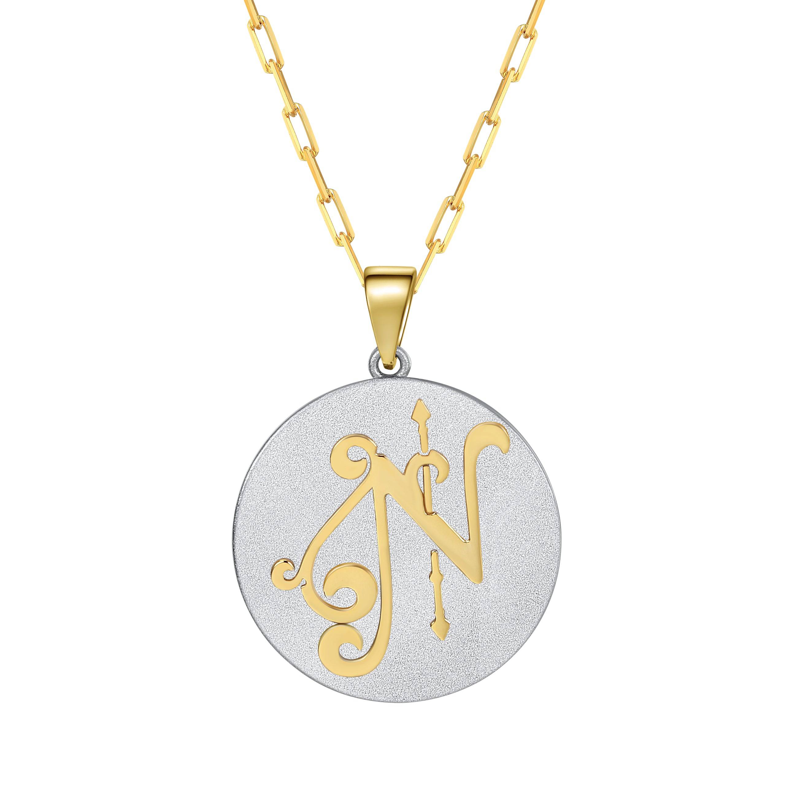 Saints & Saviors Fancy Initial Pendant Necklace gold letter N on silver disc