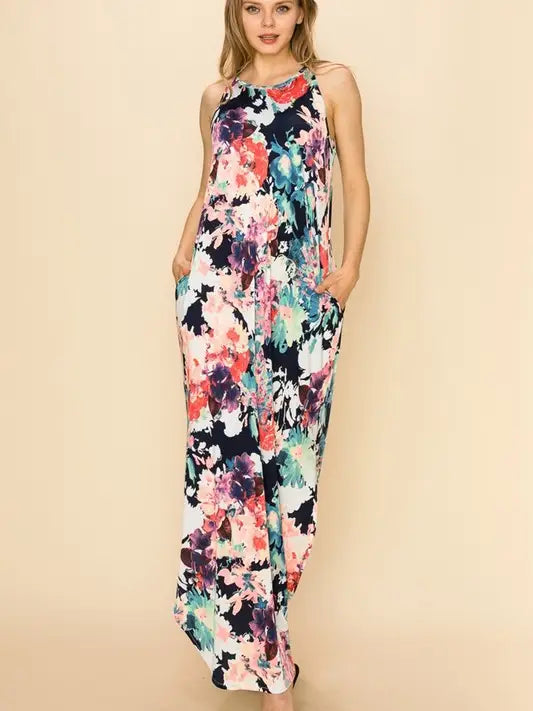 Plus Size Floral Sleeveless Maxi Dress with Pockets