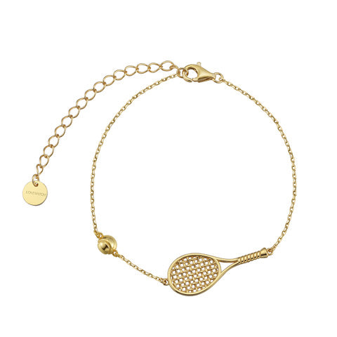 LoveMatch Tennis Ace Racquet and Ball on gold chain Bracelet on white background
