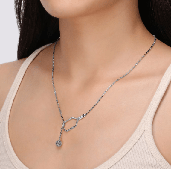 Pickleball Lariat Silver Paddle & Ball Necklace