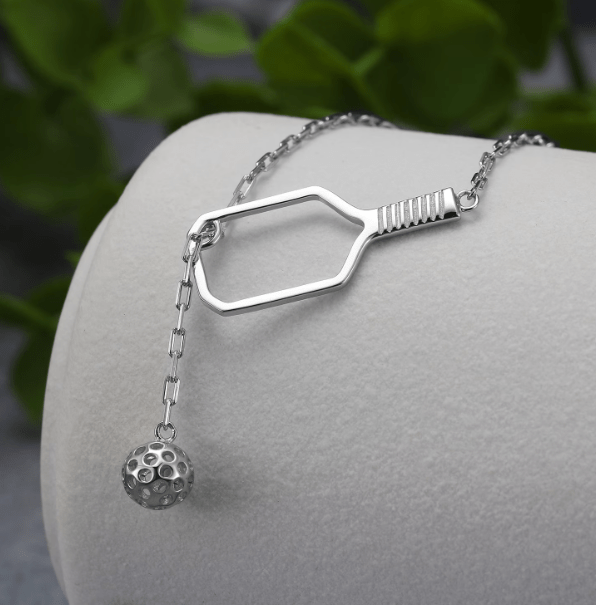 Pickleball Lariat Silver Paddle & Ball Necklace