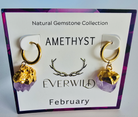 Amethyst February birthstone earrings on a card with 'Everwild' branding and gemstone information.