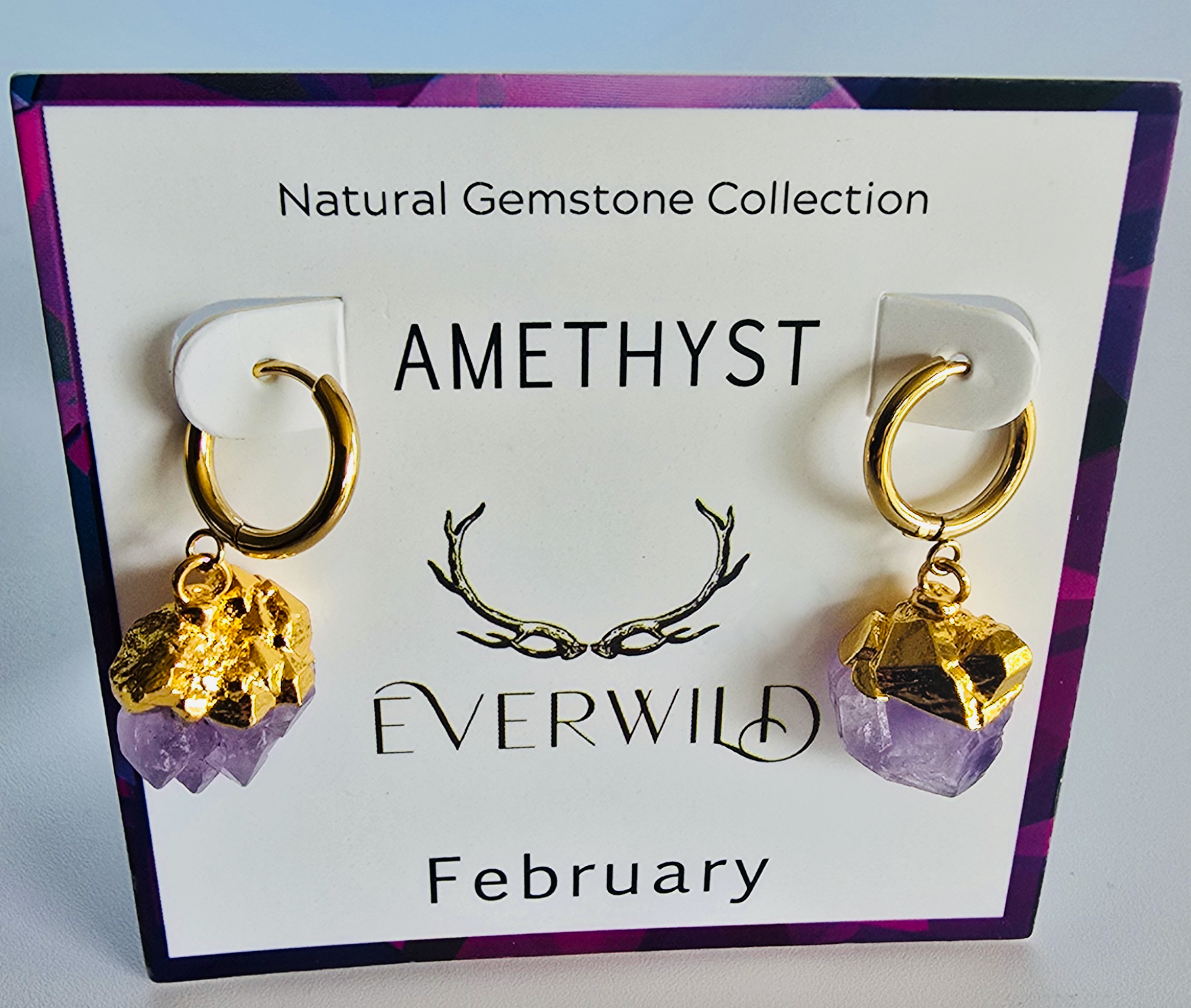Amethyst February birthstone earrings on a card with 'Everwild' branding and gemstone information.