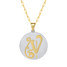Saints & Saviors Fancy Initial Pendant Necklace gold letter V on silver disc