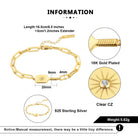 Gold bracelet with detailed specifications on a white background
