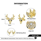 Gold deer head earrings with clear CZ stones, labeled as 18K gold plated and 925 sterling silver, on a white background.