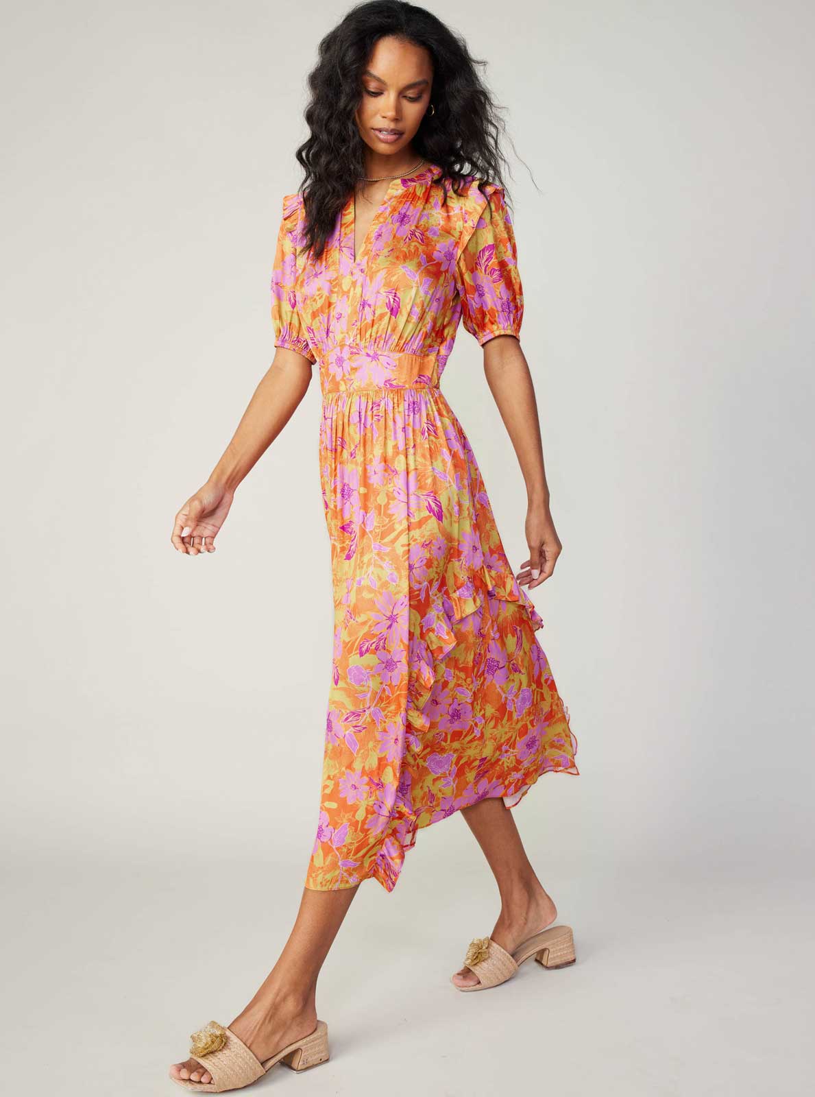 Floral Print Ruffle Detail Midi Dress S Floral Print Ruffle Detail Midi Dress S