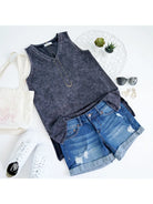 Plus Size Charcoal Mineral Wash Tank Top with Side-Slit 