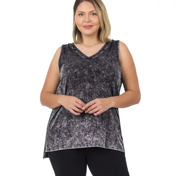 Plus Size Charcoal Mineral Wash Tank Top with Side-Slit 