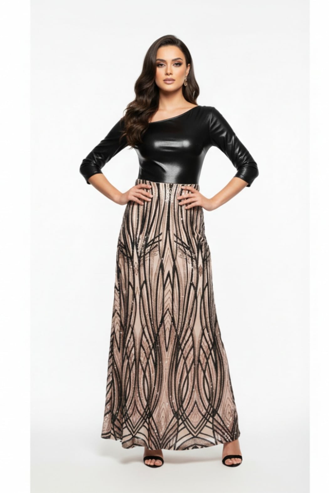 knee length dresses for ladies Navy-BARDOT ART DECO MAXI SEQUINS DRESS – Tabu Knits Boutique main image 0