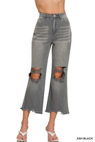 Ash Black  Washed Distressed Knee And Hem Cropped Jeans
