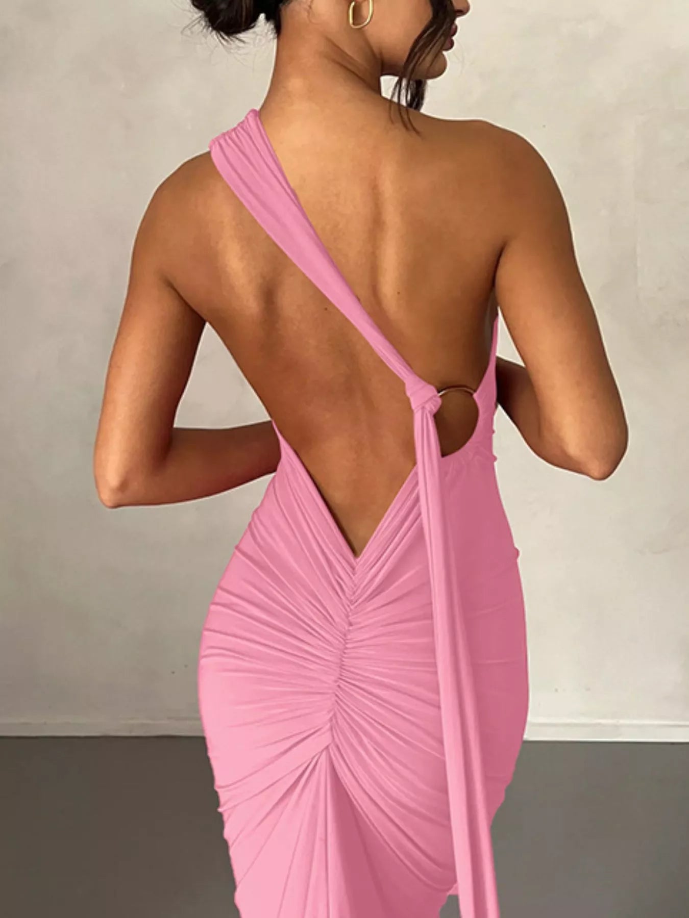 strapless open back dress Backless One-Shoulder Ruched Bodycon Maxi Dress Pink / S