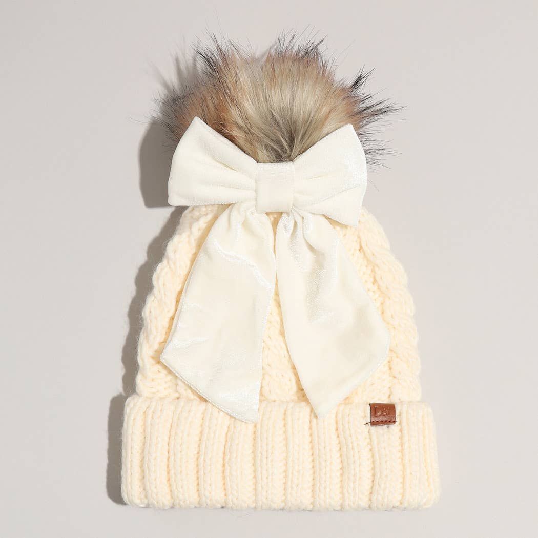Winter Knitted Beanie Pom Pom Ribbon Bow Scrunchie – Shoptiques