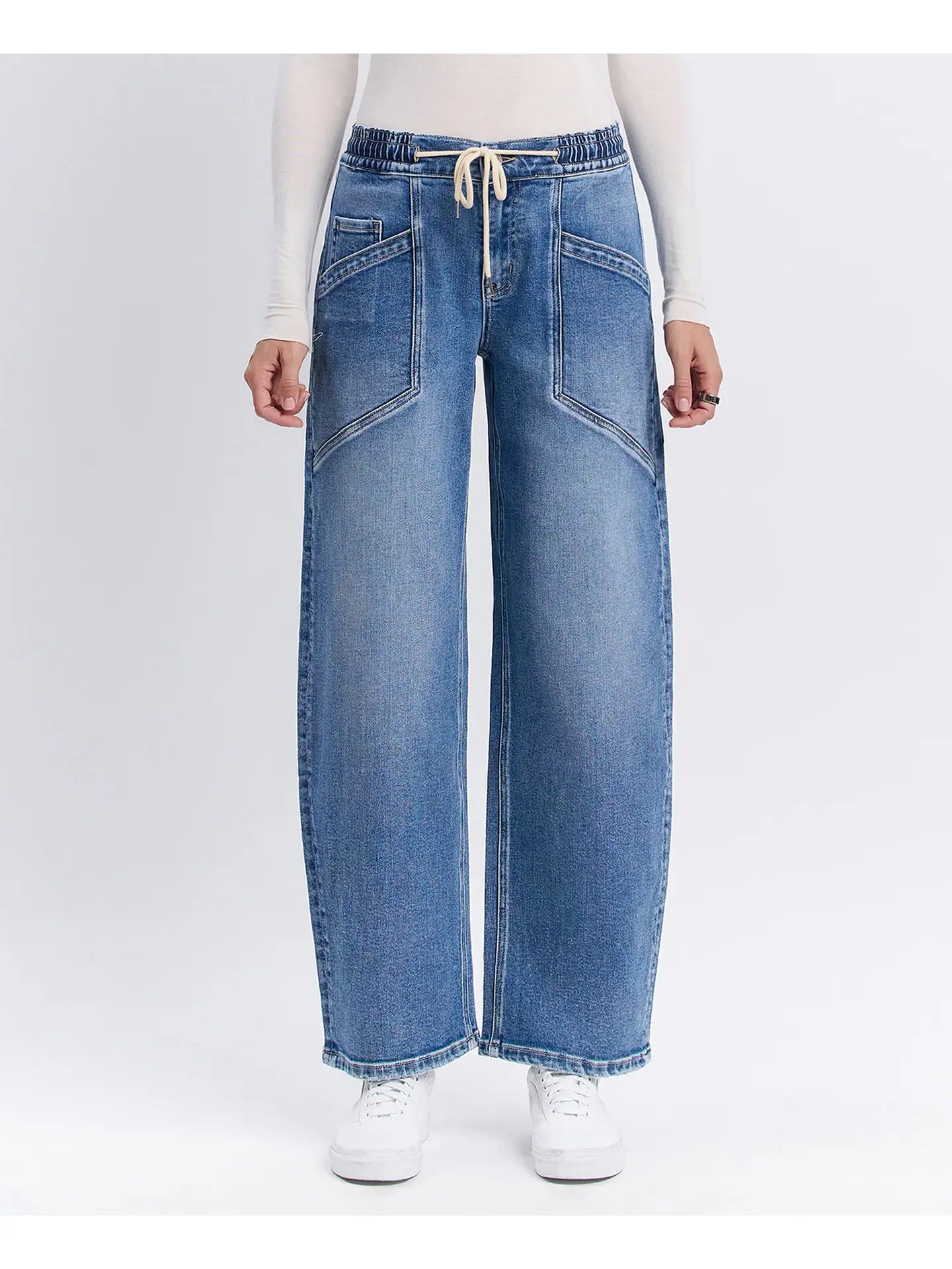 Vervet High Rise Elastic Waistband Wide Barrel Jeans
