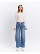 Vervet High Rise Elastic Waistband Wide Barrel Jeans