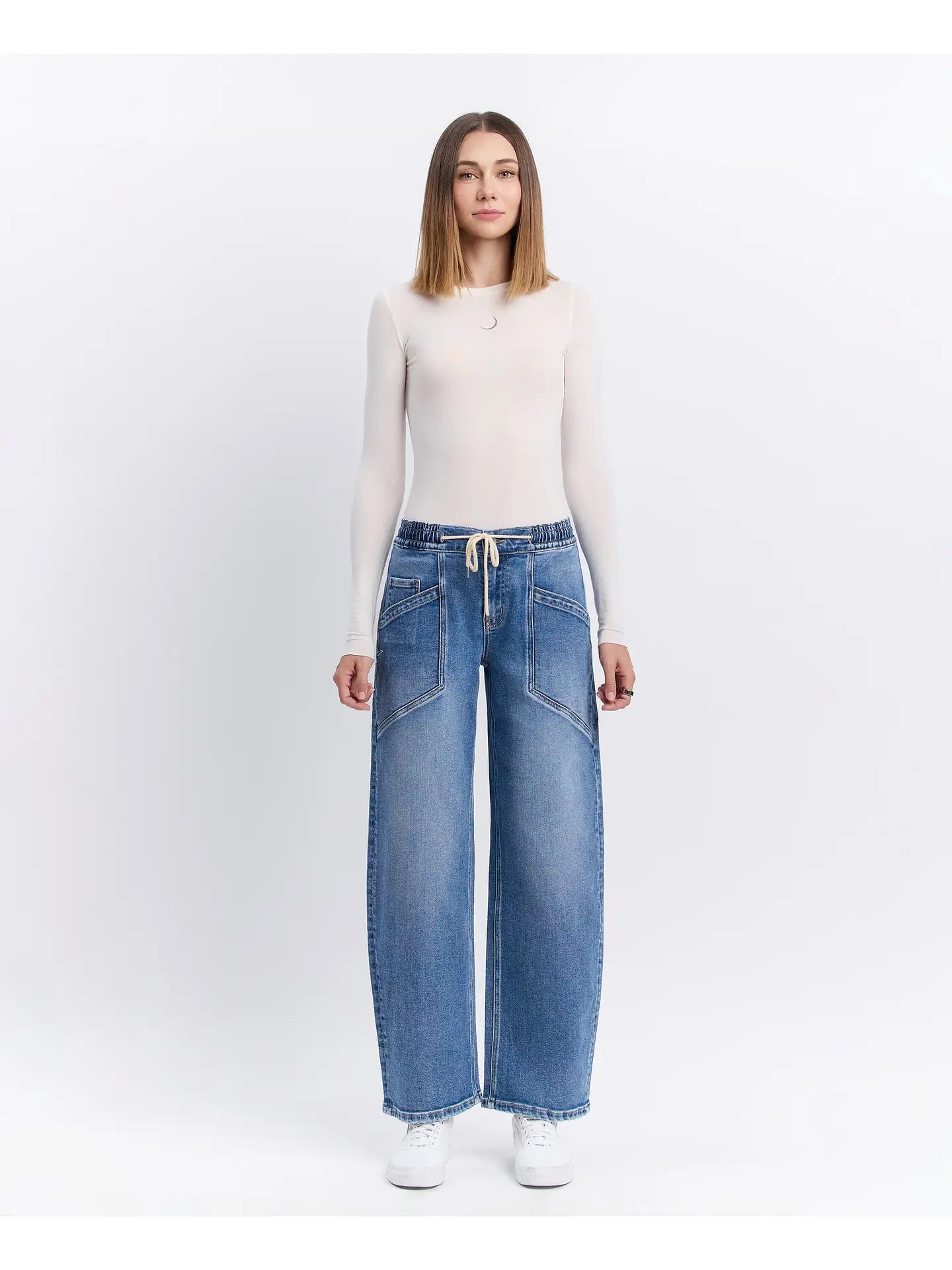 Vervet High Rise Elastic Waistband Wide Barrel Jeans