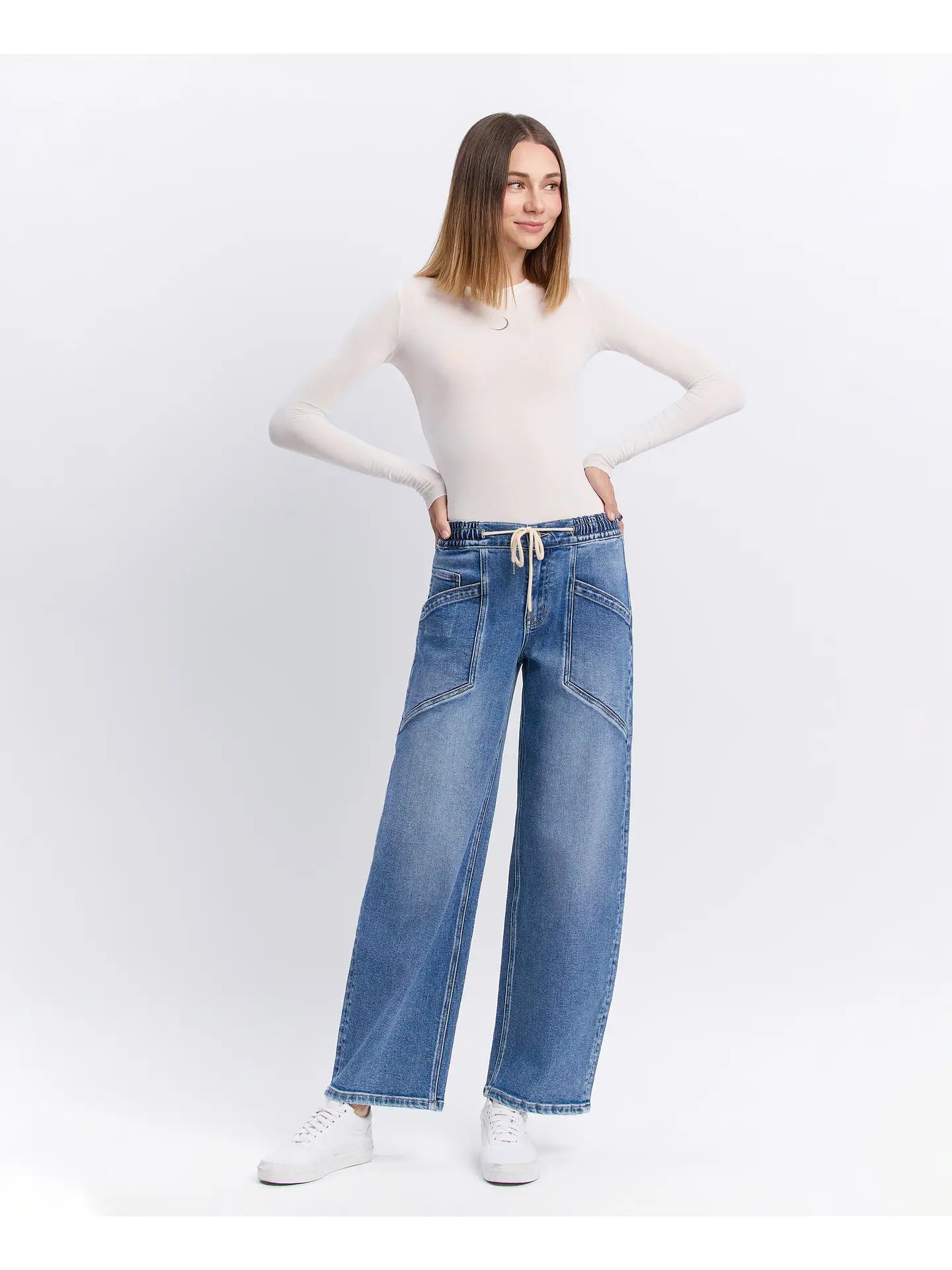 Vervet High Rise Elastic Waistband Wide Barrel Jeans