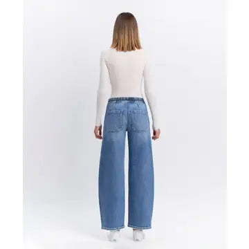 Vervet High Rise Elastic Waistband Wide Barrel Jeans