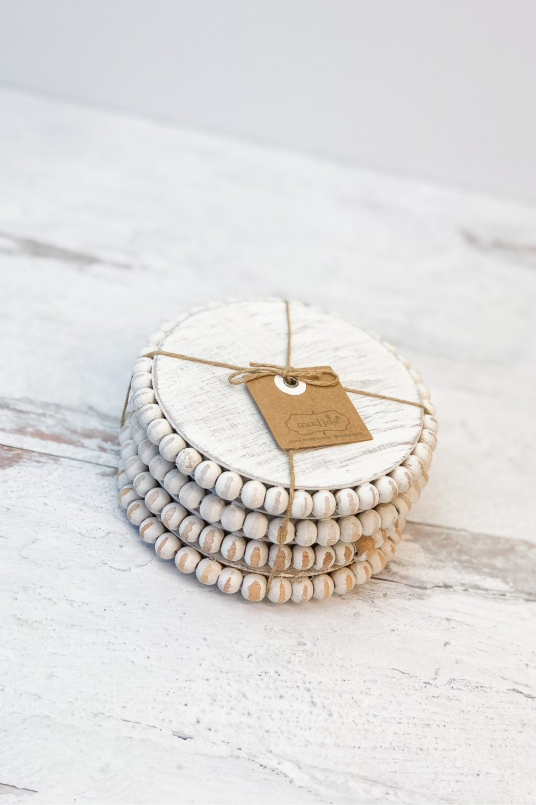 White Beaded Wood Coaster Main