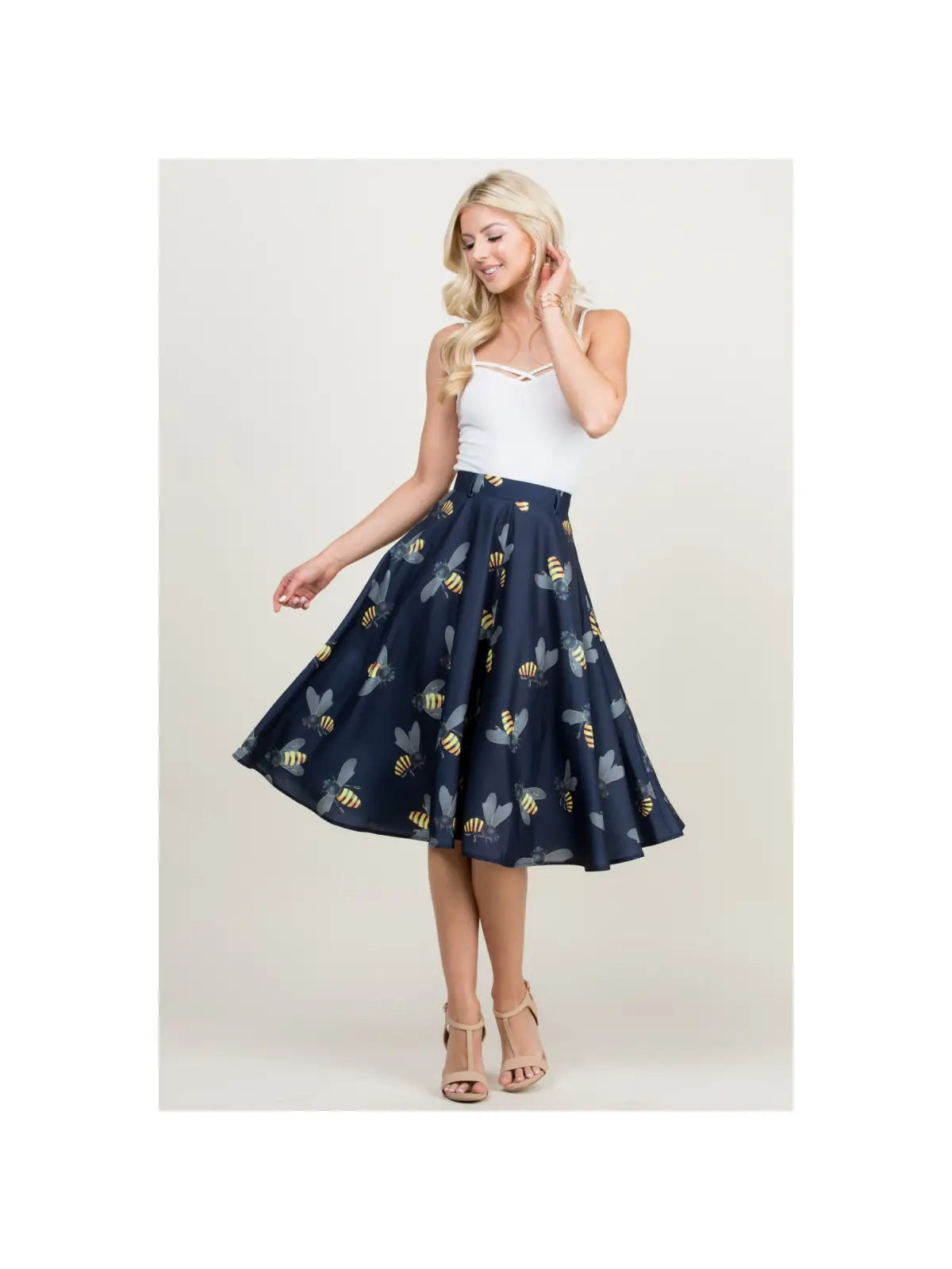 Bee Print Navy Swing Skirt - Athena's Fashion Boutique