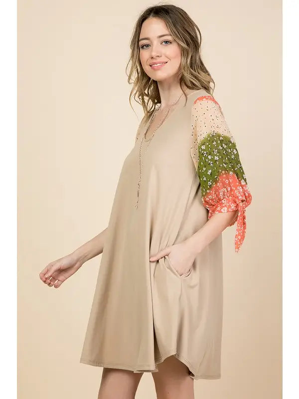 Taupe Chiffon Sleeves Swing Dress - Athena's Fashion Boutique