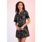 Black Marbled Print Belted Shirt Dress