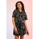 Black Marbled Print Belted Shirt Dress