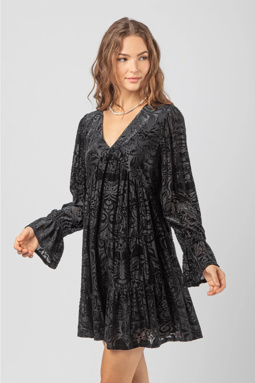 Black Deep V-Neck Jacquard Velvet Holiday Mini Dress