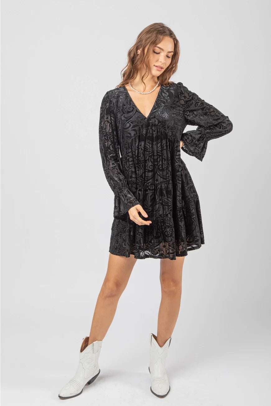 Black Deep V-Neck Jacquard Velvet Holiday Mini Dress