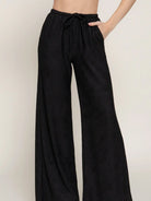 Black Drawstring Crinkle Knit Long Pants