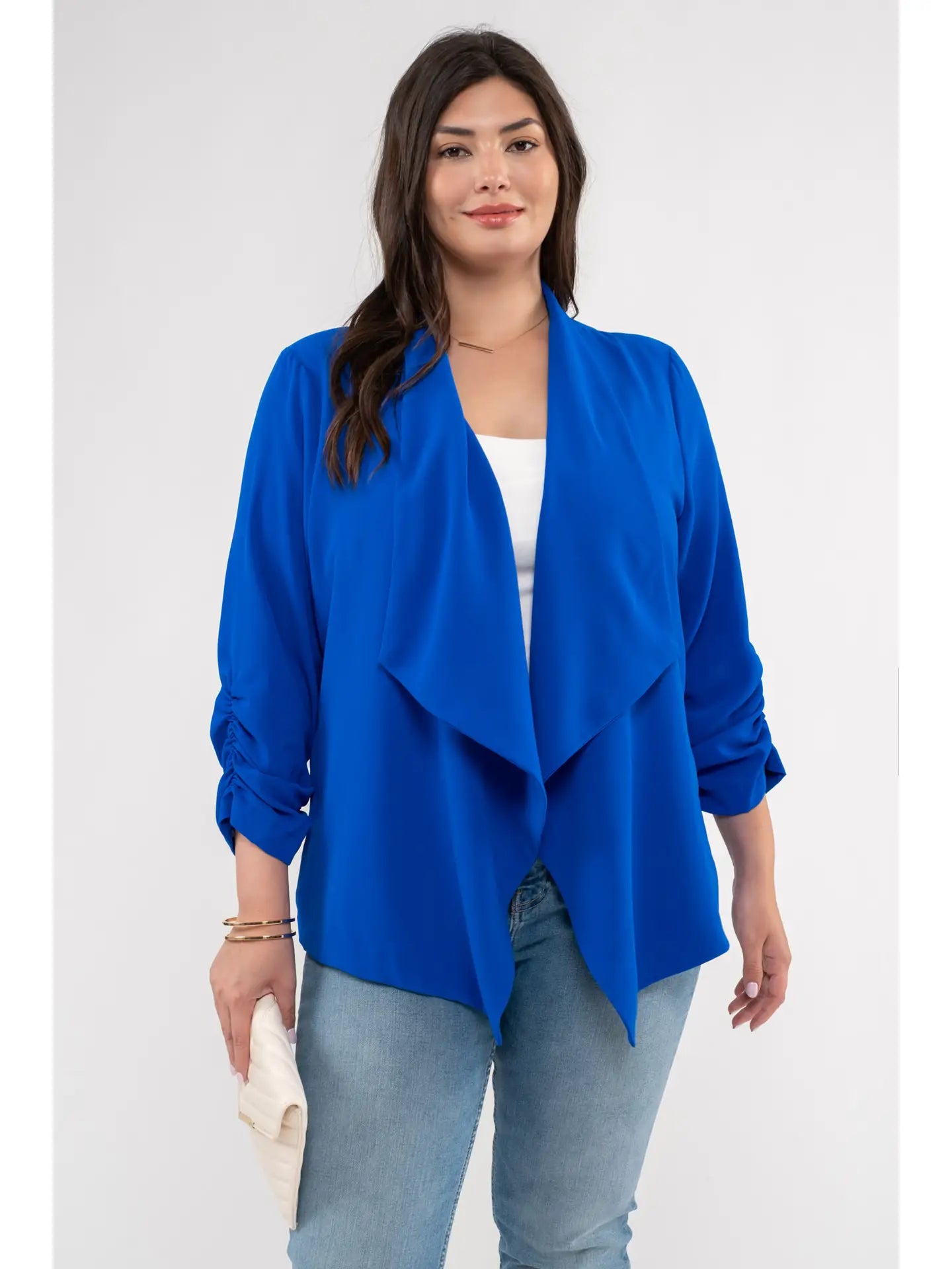 Royal Blue 3/4 Rouched Sleeve Blazer