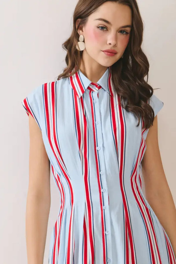 striped button down midi dress Fitted Bodice Striped Button Down Midi Dress Blue / L