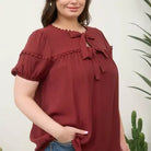 Brick Scallop Trim Front Tie Detail Puff Sleeve Top