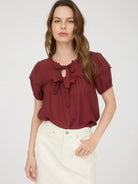 Brick Scallop Trim Front Tie Detail Puff Sleeve Top