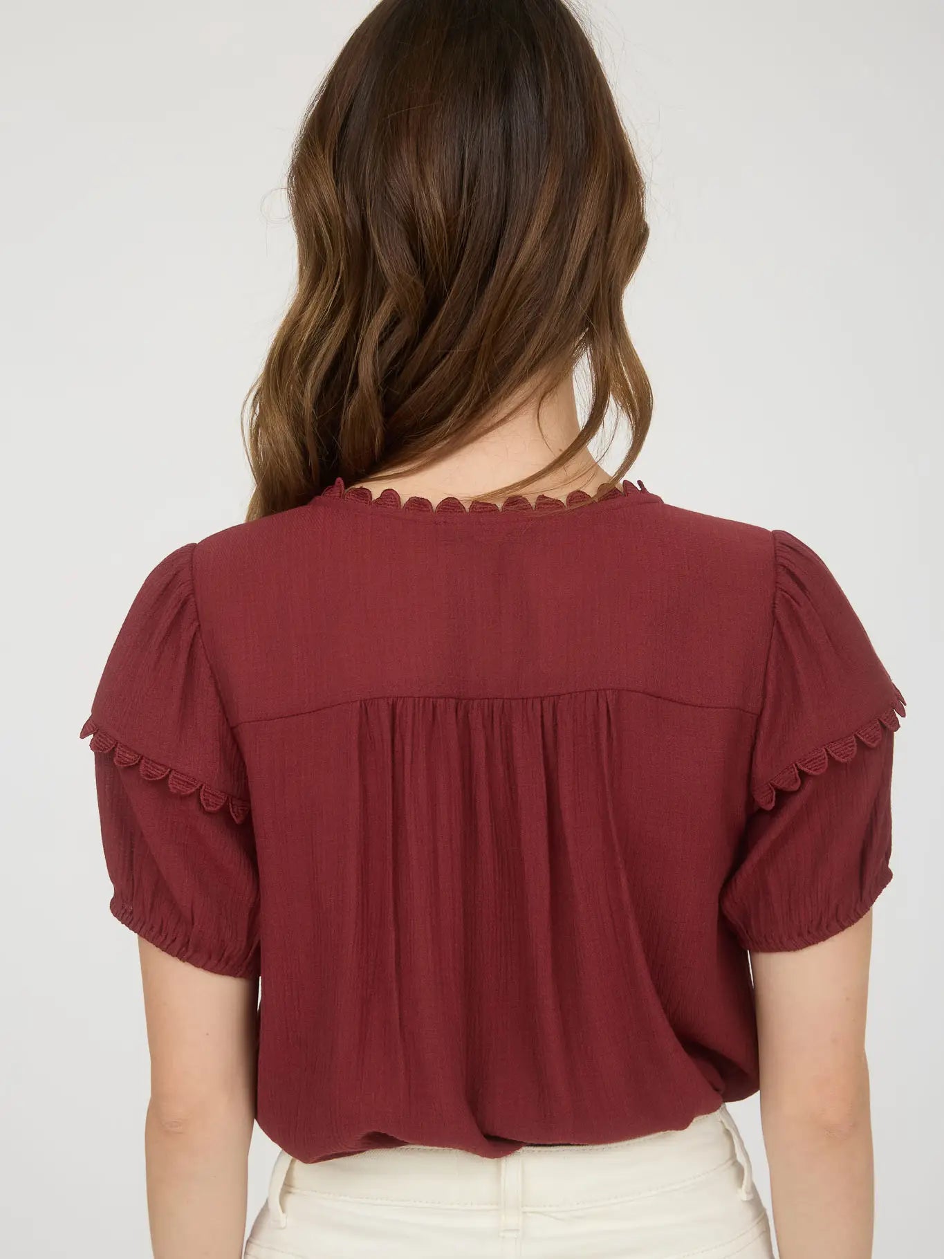 Brick Scallop Trim Front Tie Detail Puff Sleeve Top