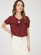 Brick Scallop Trim Front Tie Detail Puff Sleeve Top