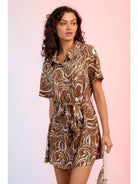 Brown Marbled Print Belted Shirt Dress