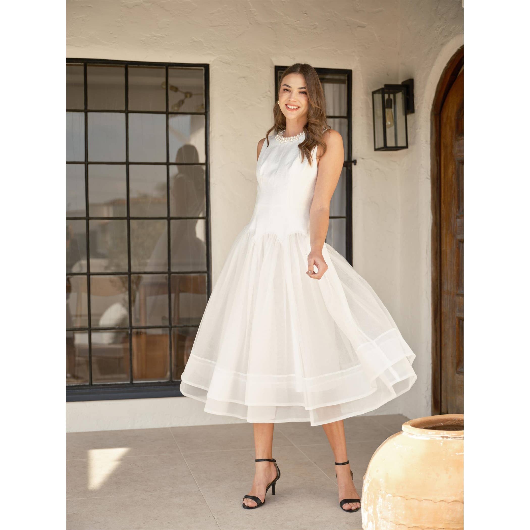 white embellished tulle midi dress Pearl Embellished Tulle Midi Dress M